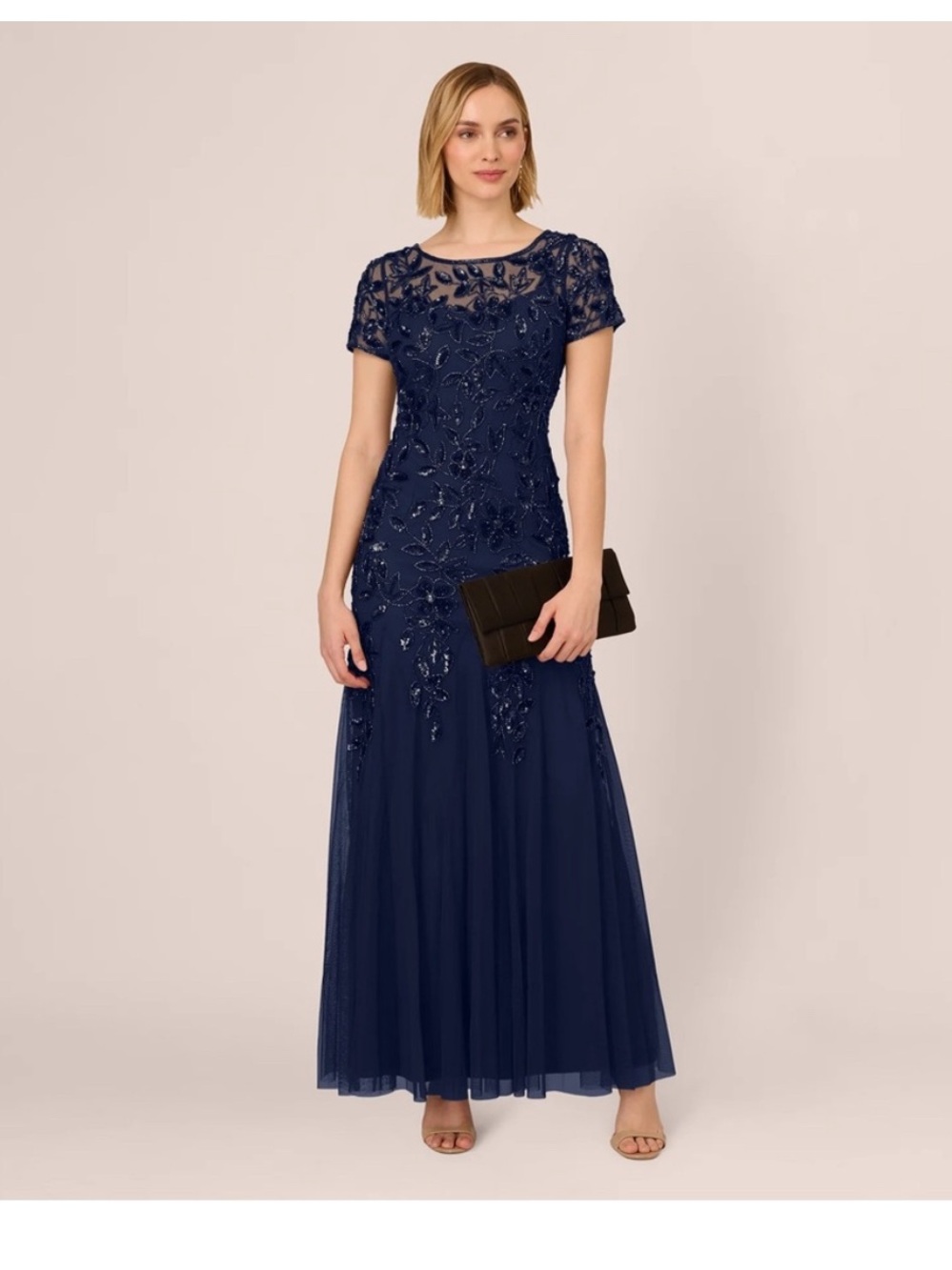 Adrianna Papell Navy Beaded Evening Tulle Gown Size 8 NWT Formal MOB Dress GALA